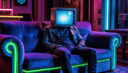 Person relaxing on a blue couch with a television for a head in a colorful, modern living roomの素材