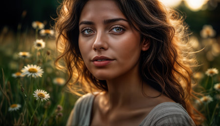 A woman with wavy hair stands amidst a field of daisies as the sun sets. Her expressive eyes reflect warmth and tranquility in a serene outdoor setting.の素材
