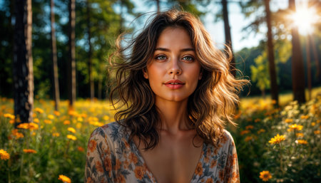A woman with wavy hair stands in a vibrant field filled with wildflowers. Sunlight filters through the trees, creating a warm, glowing atmosphere as she enjoys the beauty of nature.の素材