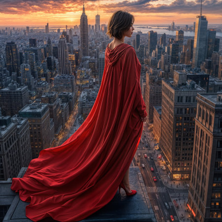 A woman wearing a flowing red cape stands on a high rooftop, overlooking the city skyline of New York during a vibrant sunset, with city lights beginning to shine.の素材