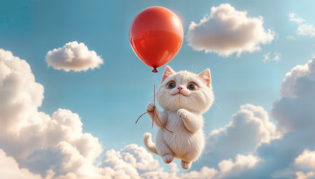 Cute fluffy kitten holds a red balloon while floating among fluffy clouds in a bright blue skyの素材