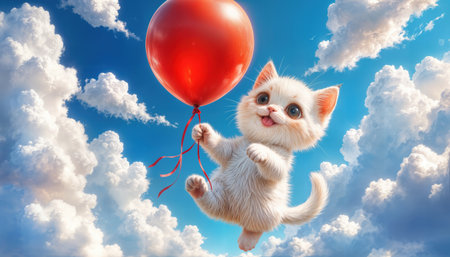 A fluffy white kitten grasping a red balloon floats joyfully in a bright blue sky, surrounded by soft white clouds. The scene captures a playful moment of innocence.の素材