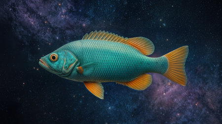 Fish swims gracefully through a starry galaxy that sparkles with cosmic beauty and mysteryの素材