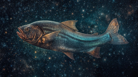 A fish glides effortlessly through a vast galaxy filled with twinkling stars and colorful nebulae.の素材