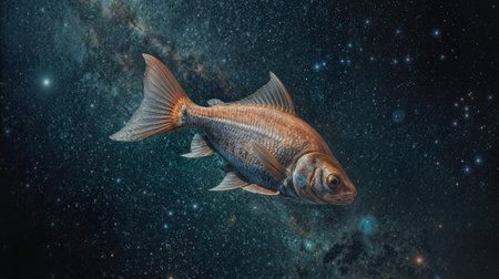 A fish glides effortlessly through a vast galaxy filled with twinkling stars and colorful nebulae.の素材
