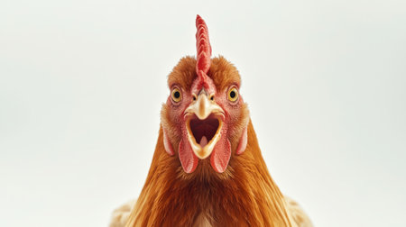 A close-up view captures the intricate details of a chicken's head, showing its soft feathers, bright eyes, and distinctive beak. The neutral background highlights its unique appearance.の素材
