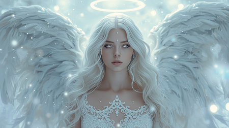 A woman with stunning angel wings stands gracefully, illuminated by soft light. Her attire and serene expression create a feeling of peace and beauty in natureの素材