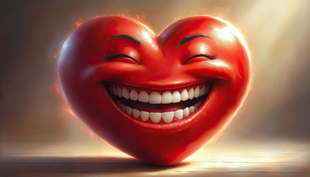 An animated heart character with a big smile and bright eyes fills the screen with happiness. This cheerful design radiates warmth and positivity, perfect for uplifting moments.の素材