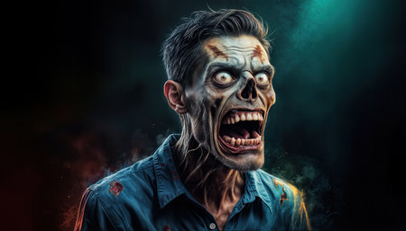 A terrifying zombie reveals teeth and a haunting gaze in a dimly lit environment. The character's tattered clothing and grotesque features create a chilling effect, enhancing the horror theme.の素材