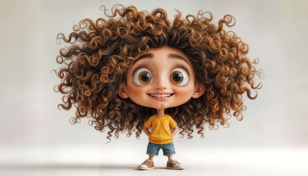 A joyful child with large eyes and curly hair displays a cheerful smile while wearing a yellow shirt. The setting has soft lighting, adding warmth to the scene.の素材