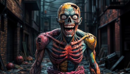 A colorful zombie with exposed bones and a terrifying smile roams an abandoned alleyway filled with debris. The atmosphere is eerie as the sun begins to set, casting shadows.の素材