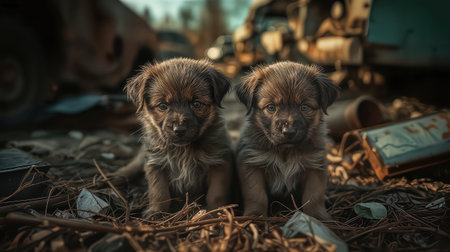 Two adorable puppies sit amid the debris of an abandoned place, surrounded by old vehicles and scattered leaves, showing resilience and curiosity in their environment.の素材