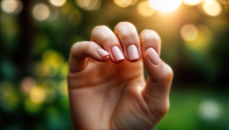 A hand showcases a fresh manicure with soft, nude polish. The background features a garden bathed in warm, golden sunlight, creating a serene atmosphere.の素材