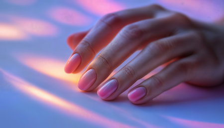 A hand with perfectly manicured pink nails rests gently on a surface, illuminated by soft, colorful light. This serene scene captures the essence of a salon experience.の素材