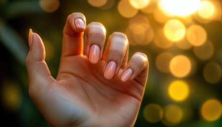 A hand displaying smooth, manicured nails reaches out with a soft focus effect. The warm golden hues of sunlight create a beautiful bokeh background during sunset, enhancing the serene atmosphere.の素材