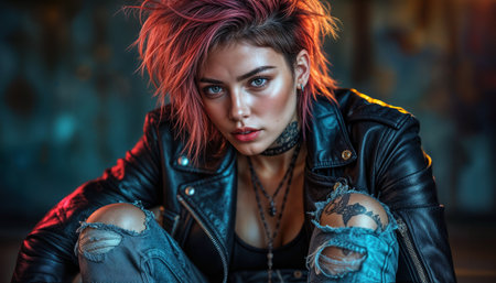 Vibrant young woman with striking pink hair poses confidently in urban setting during nighttimeの素材