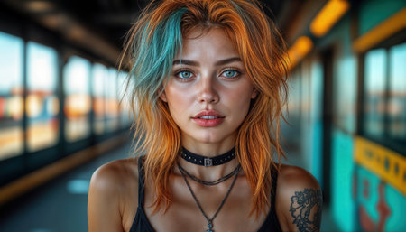 A young woman with striking orange and blue hair poses confidently inside a train station while wearing casual clothing and accessories, capturing the urban atmosphere.の素材