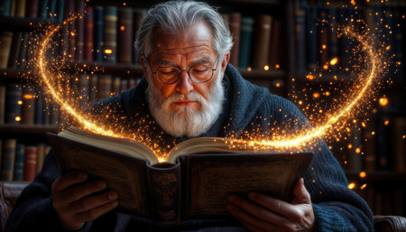 An elderly man with glasses and a beard sits in a dimly lit library, deeply focused on an ancient book. Golden sparkles swirl around him, creating a mystical atmosphere.の素材