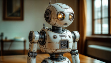 A robot with big, expressive eyes is positioned in a bright room filled with natural light. The retro-styled design features metallic textures and round shapes, inviting curiosity.の素材