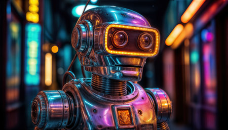 Classic robot stands in a futuristic urban setting with neon lights and a bustling atmosphereの素材