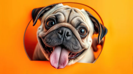 A cheerful pug is poking its head through a round hole in an eye-catching orange backdrop. The dog's playful expression brings joy and warmth to the scene, perfect for pet lovers.の素材