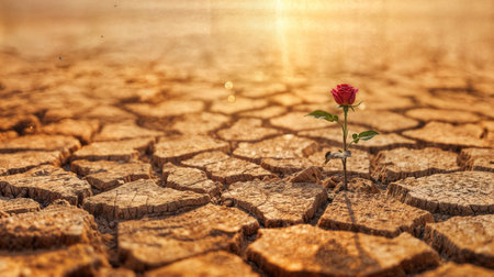 A stunning rose rises from parched earth, showing resilience in a drought-stricken landscape. The golden sunlight enhances the fragile yet brave bloom's vibrant color.の素材