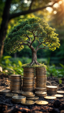 Growth of prosperity symbolized by a tree emerging from stacks of coins in a sunny forestの素材