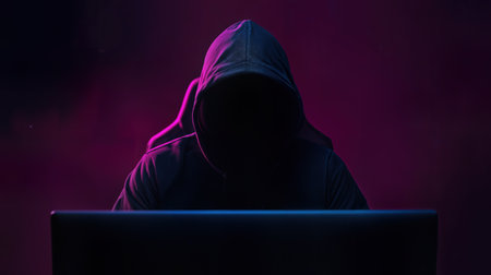 Shadowy figure in a hoodie working on a laptop with a mysterious glow in a dark environmentの素材