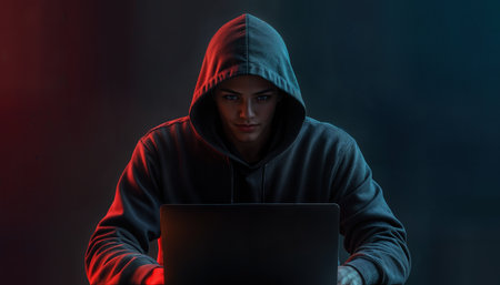 A figure wearing a dark hoodie sits in front of a glowing laptop screen, immersed in their work.の素材