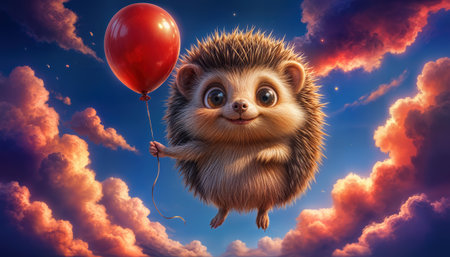 Cute hedgehog holding red balloon under colorful clouds at sunset, showcasing a whimsical scene of joy and innocenceの素材