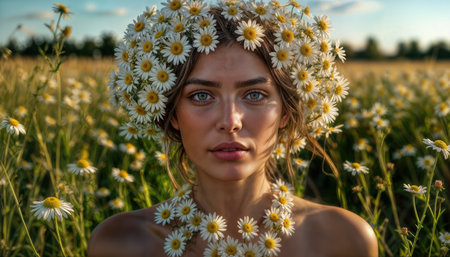 A young woman stands in a meadow filled with daisies, wearing a crown of fresh flowers. Soft sunlight highlights her features, creating a serene and magical atmosphere.の素材