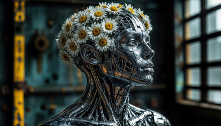 Robot head decorated with flowers showcases the blend of technology and nature in a striking portraitの素材