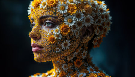 Brightly colored floral face art with daisies and marigolds enhances facial features in a creative expression of natureの素材