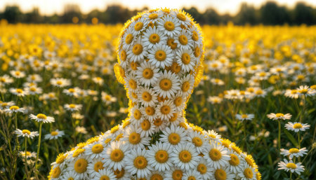 A colorful figure covered in daisies stands in a blooming flower field. The warm glow of sunset highlights the bright yellow and white flowers, creating a serene atmosphere.の素材