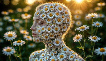 A serene figure stands in a meadow, covered in delicate daisies, as the warm sunlight bathes the scene. The atmosphere radiates tranquility and natural beauty.の素材