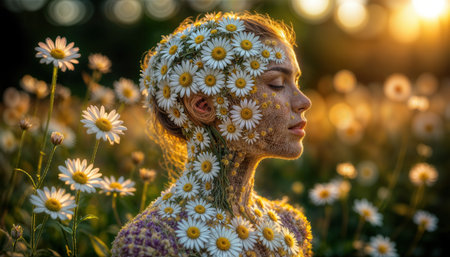 A serene figure stands in a meadow, covered in delicate daisies, as the warm sunlight bathes the scene. The atmosphere radiates tranquility and natural beauty.の素材