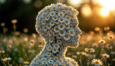 A young woman stands in a field filled with daisies, her hair adorned with blossoms. The warm sunset casts a golden hue, enhancing the tranquil scene of nature and beauty.の素材