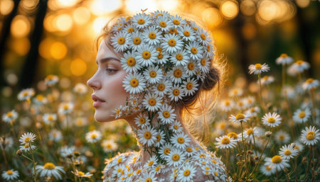 A serene figure stands in a meadow, covered in delicate daisies, as the warm sunlight bathes the scene. The atmosphere radiates tranquility and natural beauty.の素材