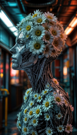 Robot head decorated with flowers showcases the blend of technology and nature in a striking portraitの素材