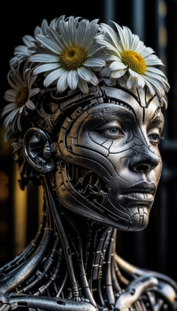 Robot head decorated with flowers showcases the blend of technology and nature in a striking portraitの素材