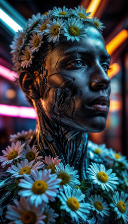 Robot head decorated with flowers showcases the blend of technology and nature in a striking portraitの素材