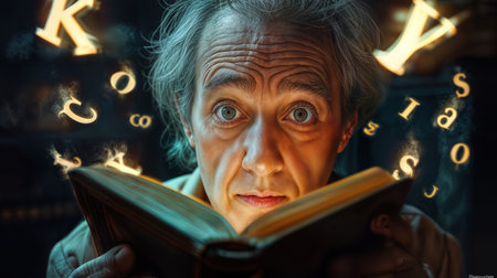 A man with wild hair shows amazement as he reads an old book surrounded by glowing letters.の素材
