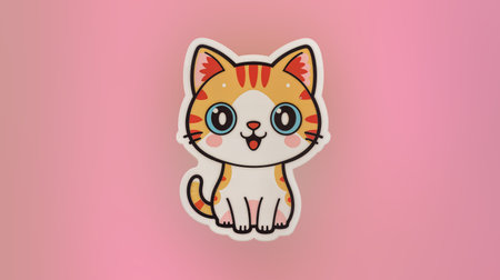 A cute cartoon cat with orange and white fur sits calmly, featuring large, expressive eyes and a friendly smile.の素材