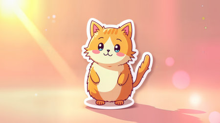 A joyful cartoon cat character stands with a happy smile, showing vibrant colors and a playful design. The background features warm, soft lighting that enhances the cheerful mood.の素材
