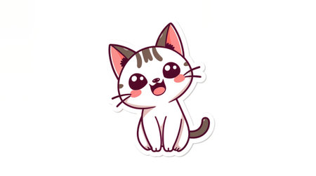 A cheerful cartoon cat sits happily with large expressive eyes and a joyful smile. The character features a white body with brown stripes, creating a charming and playful appearance.の素材