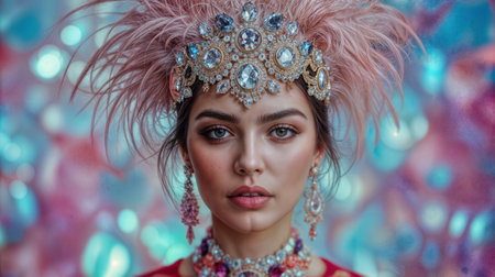 A woman showcases an extravagant headpiece adorned with feathers and jewels. She is wearing sparkling earrings and a necklace while standing before a vivid, colorful backdrop.の素材