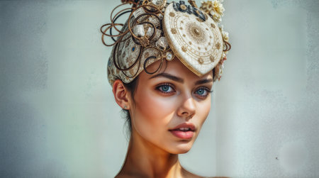 Unique fashion portrait featuring a model with an artistic headdress in a bright indoor settingの素材