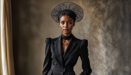 A young African American woman stands confidently in a chic black dress, featuring unique puff sleeves. She wears an elegant hat, creating a striking fashion statement in a modern studio atmosphere.の素材
