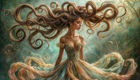 A woman with long, swirling hair wears a beautiful gown and stands gracefully amidst a lush green environment. The scene captures a magical, ethereal atmosphere as the light fades.の素材