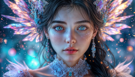 A young woman with delicate features and luminous wings stands in an enchanted setting. Soft light illuminates her face, enhancing the magical ambiance of the scene.の素材
